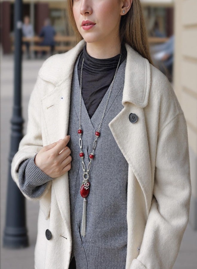 BULINLIN Long Chunky Pendant Necklaces for Women Silver Tassel Sweater Chain with Beaded Pendant Birthday Gifts for Mom Fashion Costume Jewelry(Dark Red) - Image 4